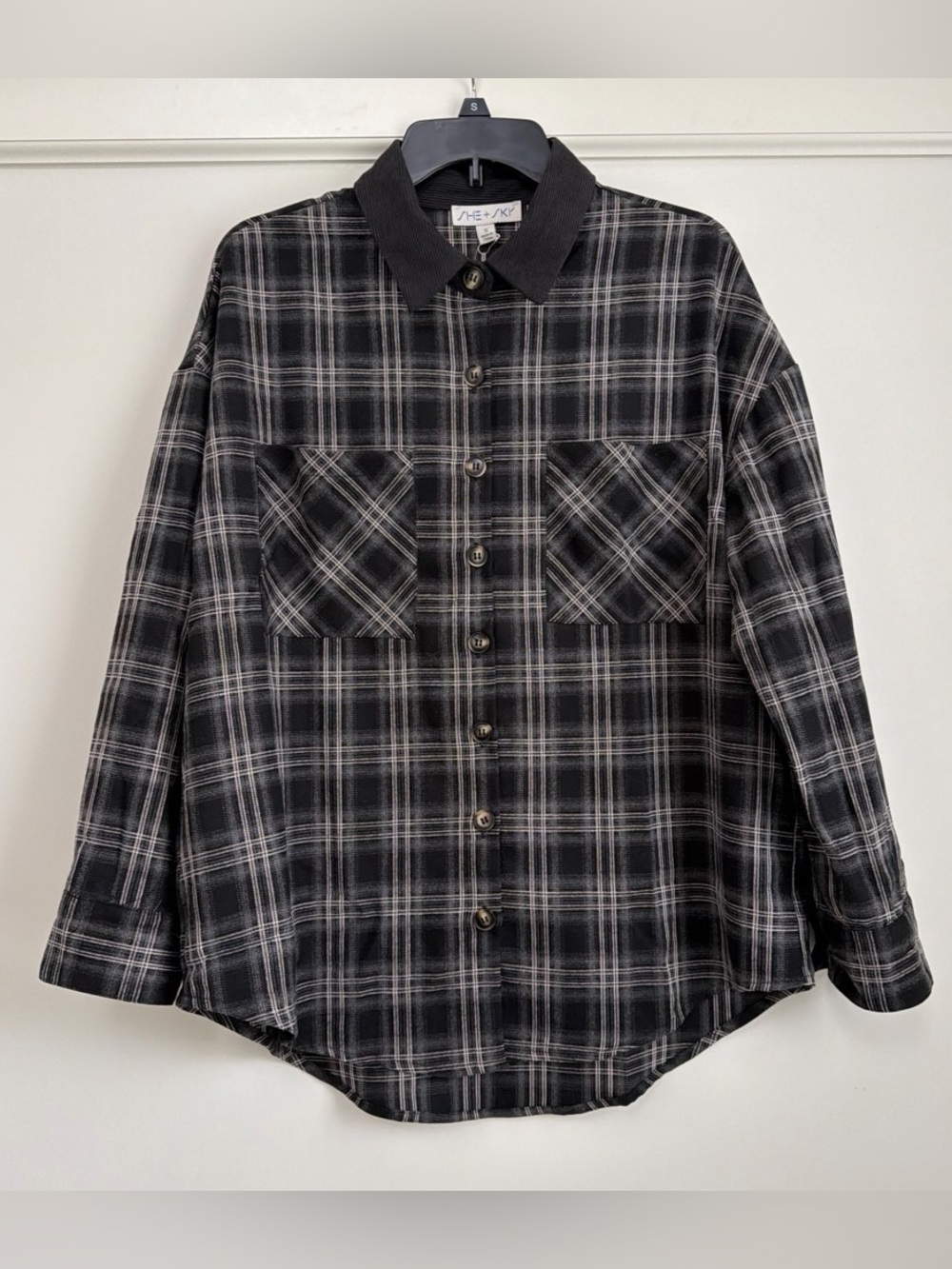 She + Sky Charcoal Plaid Button Down Shirt Shacket Corduroy Collar Pockets NWT